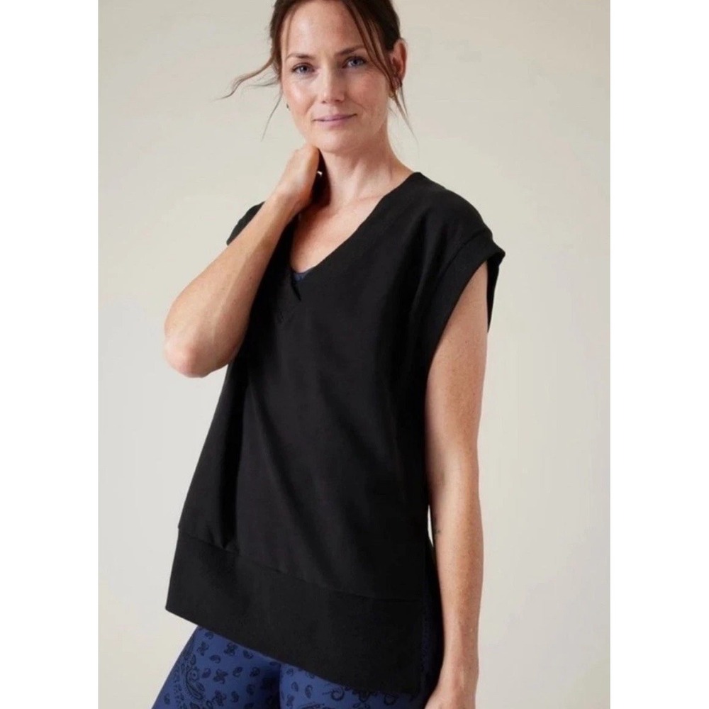 Athleta Retro Terry V Neck‎ Sweatshirt Womens XS Black